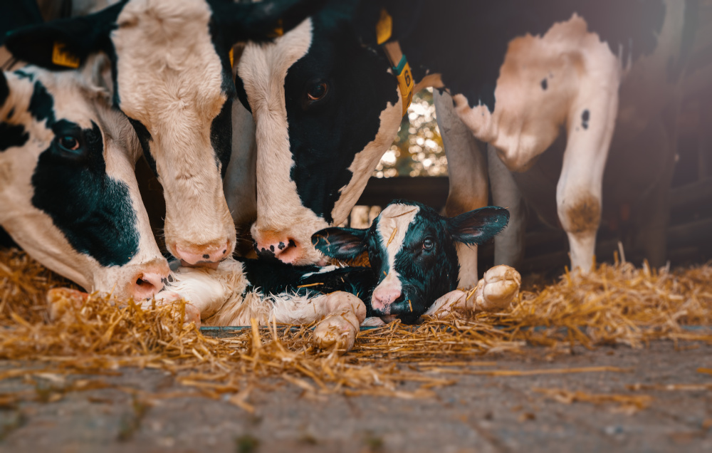 Kühe beschnuppern frisch geborenes Kalb ©Sebastian Saager